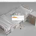 Modern Hospital Bed with White Sheets Movable Tray Table Open Book and Wheeled Nightstand