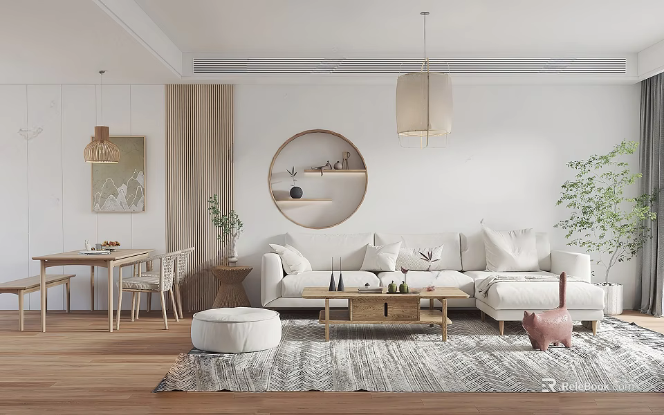 Modern Living Dining Room With White Sofa Wooden Coffee Table Round Shelf And Green Plant 3d model 