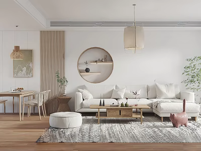 Modern Living Dining Room With White Sofa Wooden Coffee Table Round Shelf And Green Plant 3d model