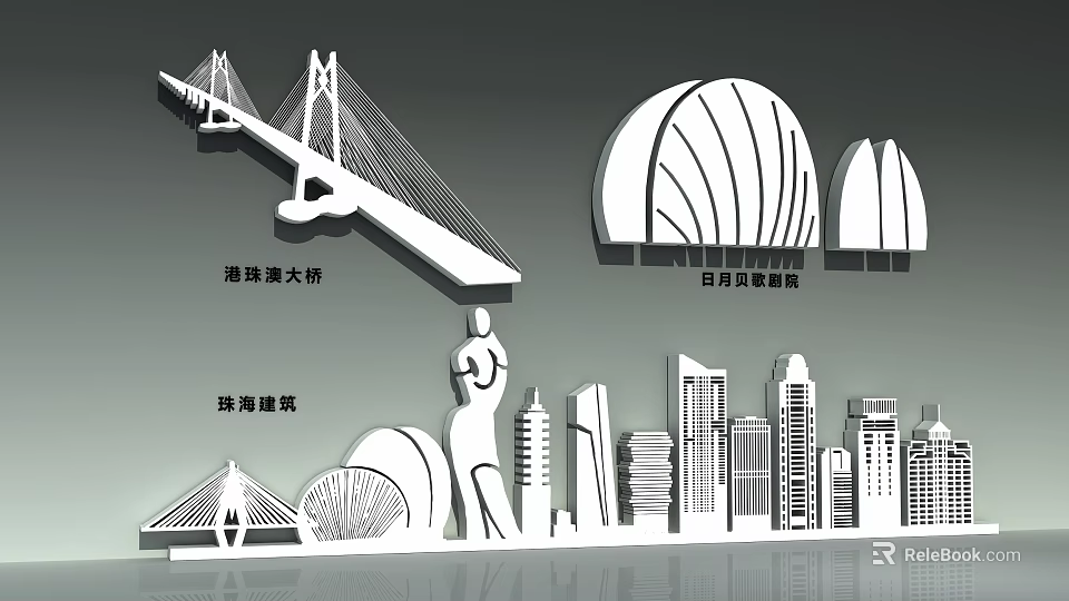 Zhuhai Architectural Skyline Featuring Hong Kong Zhuhai Macao Bridge And Sun Moon Shell Opera House 3d model 