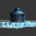 3D Blue Domed Building Model With Columns Steps Blue Cloud Like Objects On Dark Background