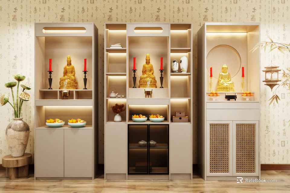 Modern Buddhist Shrine Cabinet With Built in Lighting Buddha Statues Candles And Fruit Offerings 3d model 