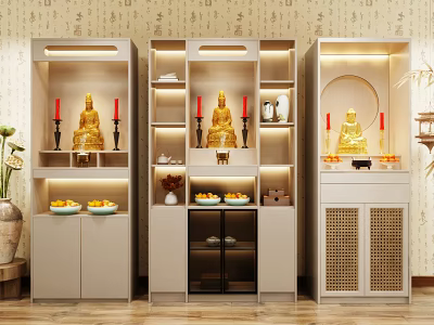 Modern Buddhist Shrine Cabinet With Built in Lighting Buddha Statues Candles And Fruit Offerings 3d model