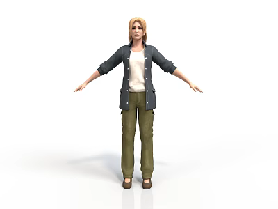 Daily Living Products Including White Top Dark Coat Green Pants And Brown Shoes On Woman 3d model