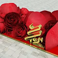 Red Roses And Golden 3D Character Flower With Blue Sky White Clouds Stone Slab Ground