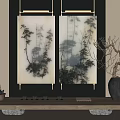 Zen Style Botanical Paintings In Two Panel With Tea Set And Dried Branches Vase