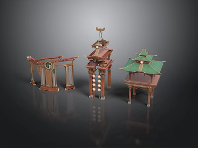 Traditional Chinese Architectural Models with Red Wooden Frames Green Roofs and Decorative Eaves 3d model