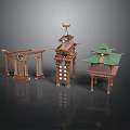 Traditional Chinese Architectural Models with Red Wooden Frames Green Roofs and Decorative Eaves