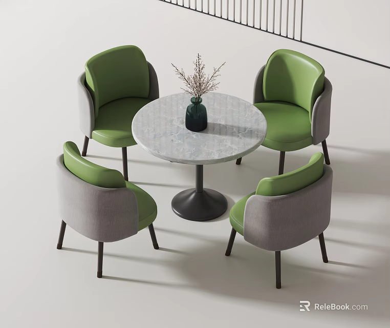 Round Marble Tabletop Set with Four Green and Gray Armchairs 3d model