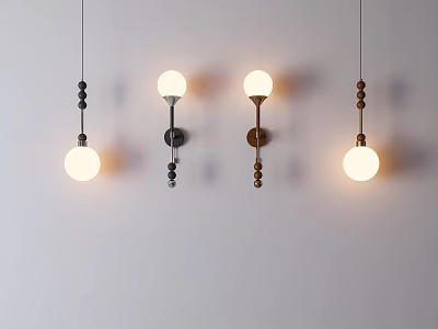 Modern Wall Mounted Lamps With Round Light Balls Different Metal Wood Designs On White Wall 3d model