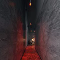 Red Walled Narrow Corridor With Hanging Lights And Iron Gate Decorative Elements 3d model