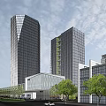 Modern Office Building In Urban High Rise Complex With Green Space And Surrounding Skyscrapers