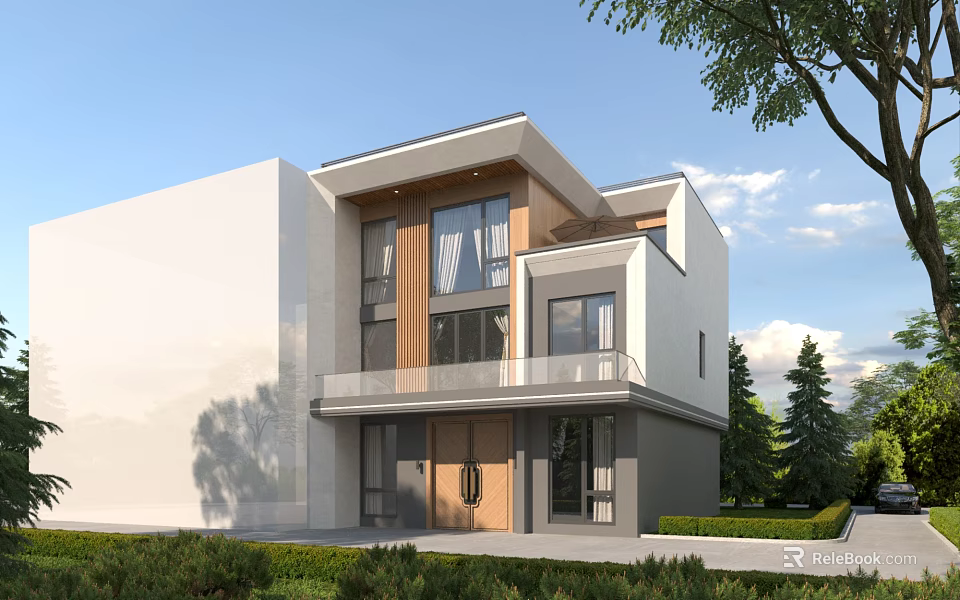 Modern Single Family House With White Facade Large Windows Wooden Balcony And Greenery Trees 3d model 