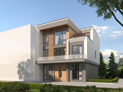 Modern Single Family House With White Facade Large Windows Wooden Balcony And Greenery Trees 3d model