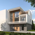 Modern Single Family House With White Facade Large Windows Wooden Balcony And Greenery Trees