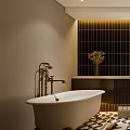 Modern Bathroom Interior Design With Bathtub Vanity Mirror And Geometric Floor Tiles