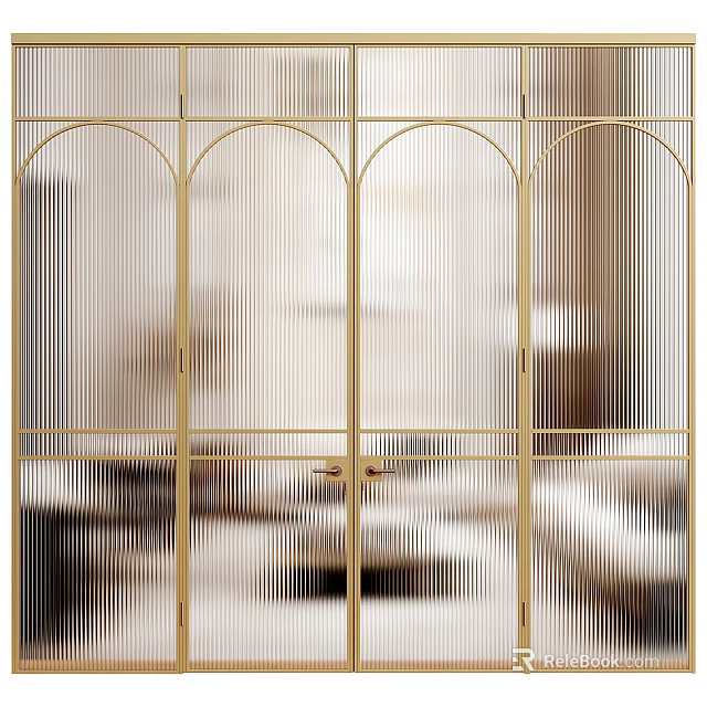 Elegant Gold Frame Double Doors With Arched Design And Glass Panels In Interior Space 3d model 