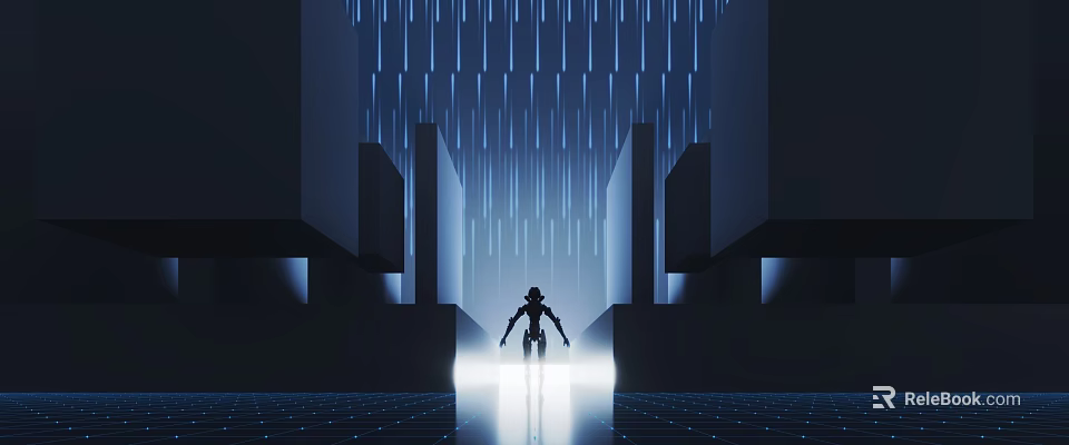 Futuristic Robot Silhouette In Blue Light With Geometric Structures And Reflective Floor 3d model 