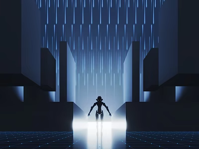 Futuristic Robot Silhouette In Blue Light With Geometric Structures And Reflective Floor 3d model