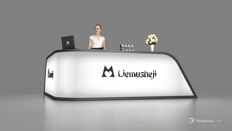 Modern Office Reception Desk With Receptionist Computer And White Flower Arrangement 3d model 