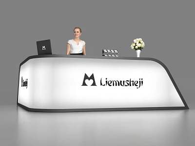 Modern Office Reception Desk With Receptionist Computer And White Flower Arrangement 3d model