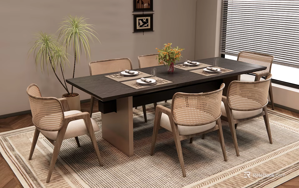 Dark Wooden Dining Table Set With Rattan Back Chairs Tableware And Potted Plant 3d model 