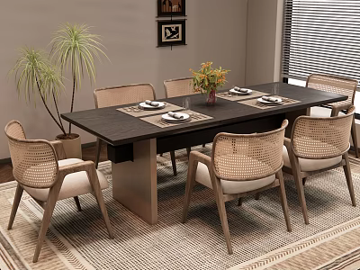 Dark Wooden Dining Table Set With Rattan Back Chairs Tableware And Potted Plant 3d model