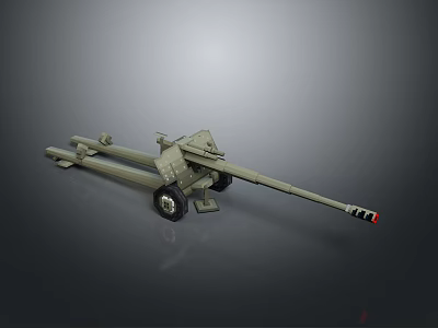 Military Towed Artillery Weapon With Long Barrel Wheeled Carriage And Green Color 3d model