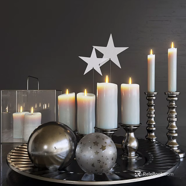 Decorative Ornament Set With Candles Candle Holders Star Decorations And Metallic Balls 3d model 