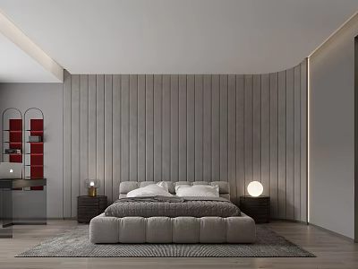 Modern Bedroom Interior With Paneled Gray Wall Upholstered Bed Nightstand Lamp And Rug 3d model
