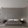 Modern Bedroom Interior With Paneled Gray Wall Upholstered Bed Nightstand Lamp And Rug
