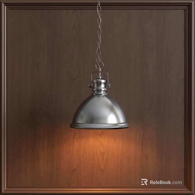 Metallic Dome Shaped Pendant Light Hanging From Chain Against Dark Wooden Wall 3d model 