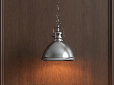 Metallic Dome Shaped Pendant Light Hanging From Chain Against Dark Wooden Wall 3d model