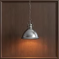 Metallic Dome Shaped Pendant Light Hanging From Chain Against Dark Wooden Wall