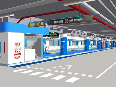 Modern Parking Lot With One Way Traffic Control Booth Blue Pillars And Directional Signs 3d model