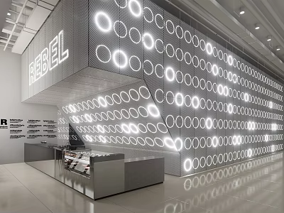 Rebel Café Modern Interior With Circular Light Rings Open Space And Bright Counter Design 3d model
