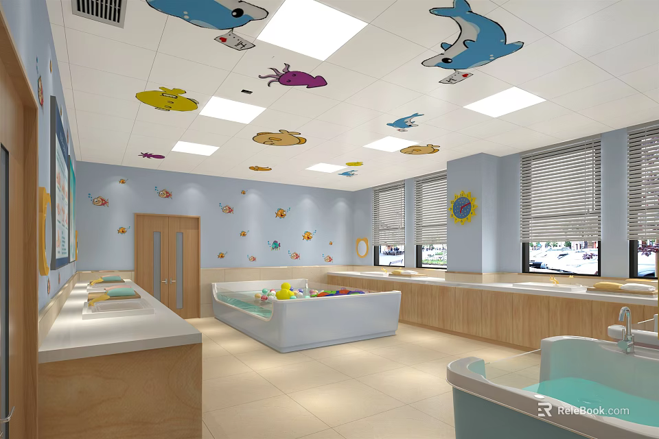 Colorful Children's Swimming Pool With Cartoon Animal Ceiling Decor And Wooden Cabinets 3d model 
