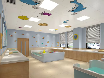 Colorful Children's Swimming Pool With Cartoon Animal Ceiling Decor And Wooden Cabinets 3d model