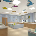 Colorful Children's Swimming Pool With Cartoon Animal Ceiling Decor And Wooden Cabinets
