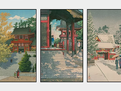 Traditional Japanese Landscape Paintings With Red Buildings Torii Gates And Seasonal Scenes 3d model