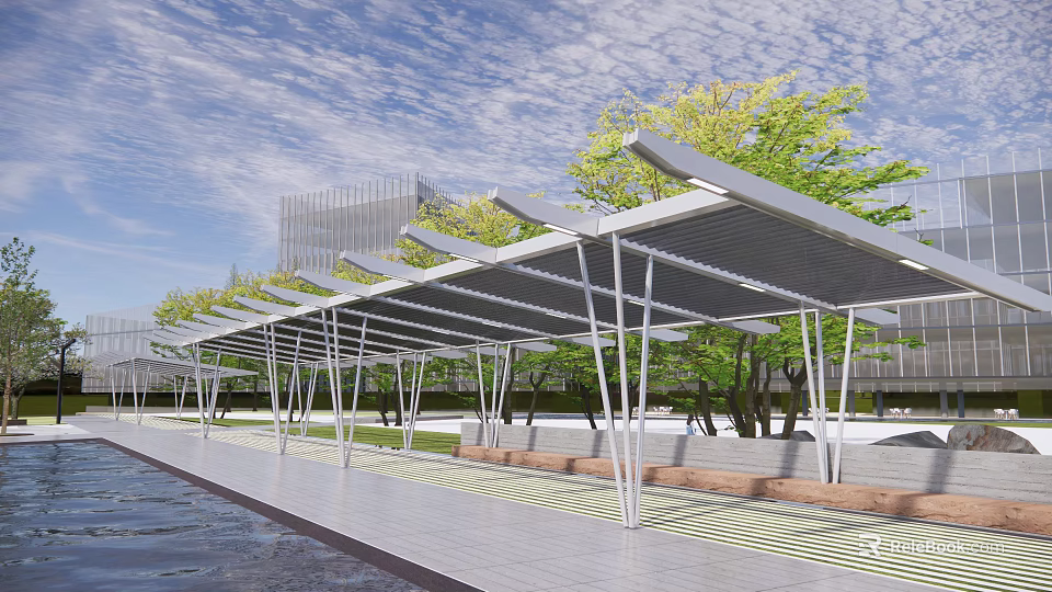 Modern Outdoor Pergola With Metal Frame Shade Structure Near Trees Water Surface And Modern Buildings 3d model 