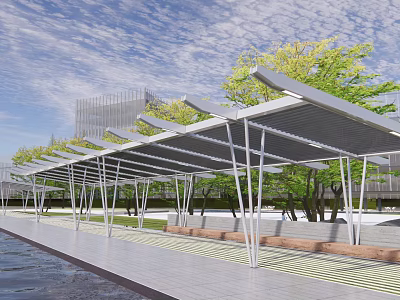 Modern Outdoor Pergola With Metal Frame Shade Structure Near Trees Water Surface And Modern Buildings 3d model
