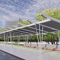 Modern Outdoor Pergola With Metal Frame Shade Structure Near Trees Water Surface And Modern Buildings