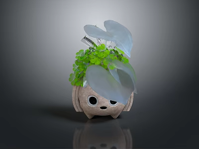 Cute Cartoon Face Decorative Planter With Green Plants Transparent Leaves And Small Feet Design 3d model