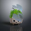 Cute Cartoon Face Decorative Planter With Green Plants Transparent Leaves And Small Feet Design