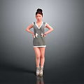 Woman In Sleeveless Gray Dress With White Trim Bun Hairstyle Hands On Hips High Heels