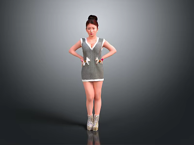 Woman In Sleeveless Gray Dress With White Trim Bun Hairstyle Hands On Hips High Heels 3d model