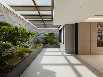 Modern Elevator Hallway Design With Stone Wall Green Plants Glass Roof And Wooden Cabinets 3d model