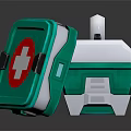 Medical Equipment Featuring Green First Aid Kit With Red Cross Symbol And Bottle
