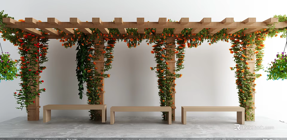Wooden Pergola Decorated With Green Vines And Orange Flowers With Benches 3d model 
